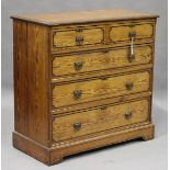 A late Victorian Aesthetic Movement pine chest of drawers with black painted borders and chamfered