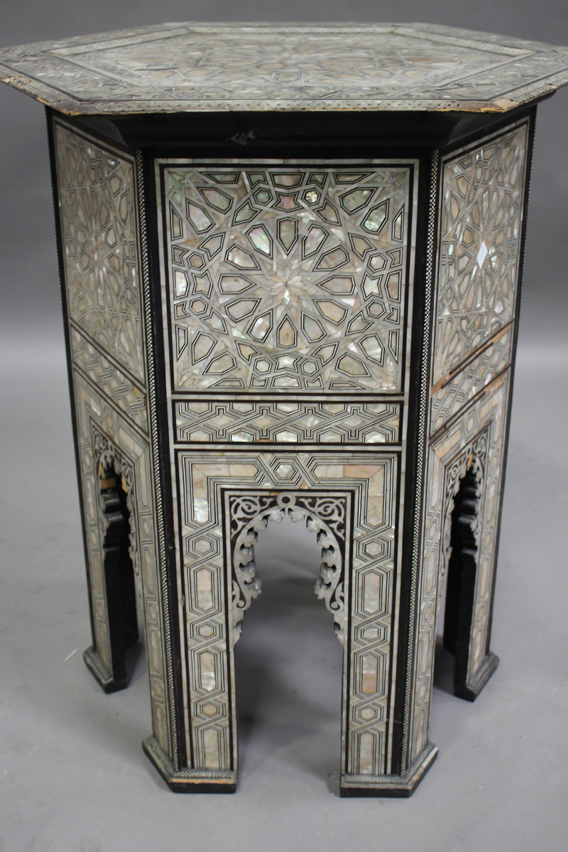 An early 20th century Middle Eastern hardwood and mother-of-pearl hexagonal occasional table, - Image 5 of 7