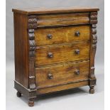 A late Victorian walnut chest of four drawers with foliate carved pilasters, height 126cm, width