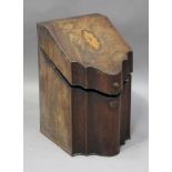 A George III mahogany knife box, the sloping lid enclosing a chequer banded interior, height 39cm,