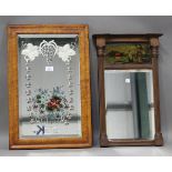 A Victorian bird's eye maple framed wall mirror with painted and reverse engraved decoration, 60cm x