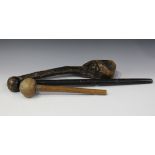 A late 19th/early 20th century naturalistic shillelagh, length 50cm, another wooden club, the