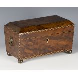 A George III yew tea caddy with chequer banded borders, width 31cm (some repairs and alterations).