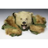 An early 20th century taxidermized bear skin rug with green felt edging and backed in brown