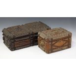 Two 19th century tramp art chip-carved boxes of typical geometric design, widths 44cm and 27cm.
