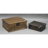 A 20th century Carolean Revival oak bible box, the front carved with arches, width 48cm, together