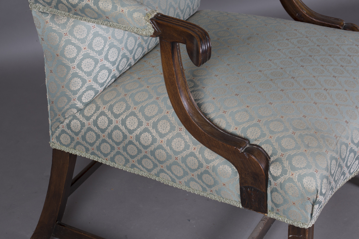 A George III mahogany framed Gainsborough style library armchair, upholstered in pale green - Image 2 of 3