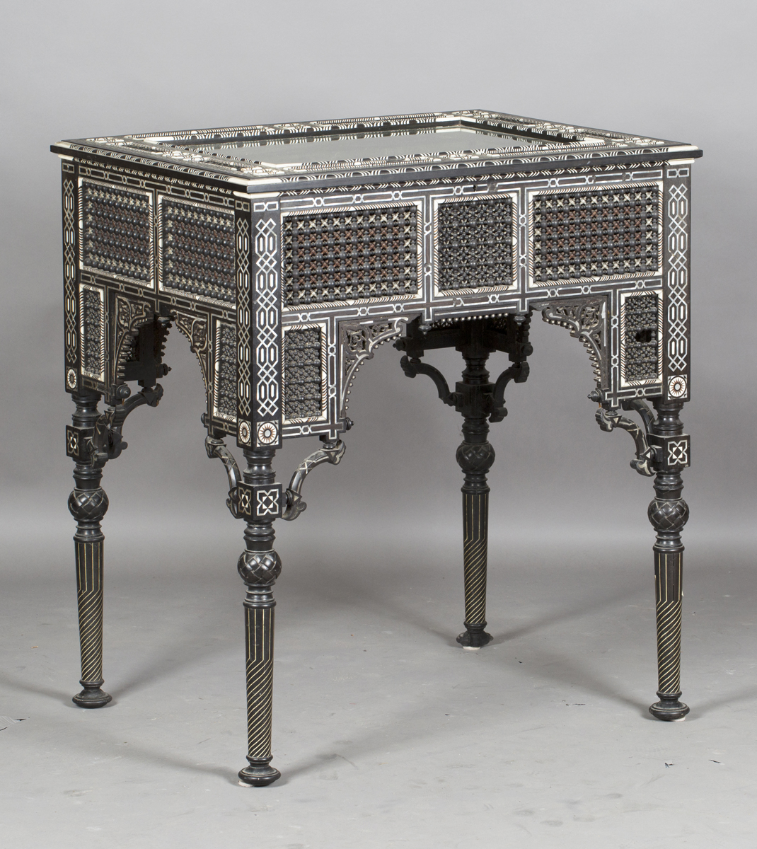 A late 19th century Middle Eastern ebonized bijouterie table, inset with overall panels of finely - Image 3 of 10