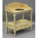 A late Victorian pine washstand with gallery back and single drawer, height 91cm, width 76cm,