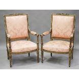 A pair of late 19th century French giltwood fauteuil armchairs, the frames finely carved with