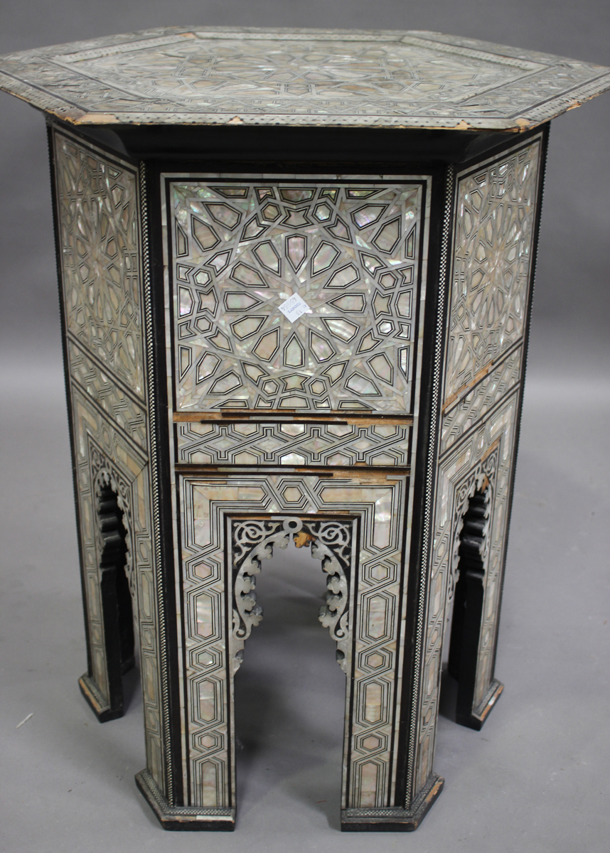 An early 20th century Middle Eastern hardwood and mother-of-pearl hexagonal occasional table, - Image 4 of 7