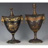 A near pair of early 19th century tole painted grey metal urns and covers, one painted with a