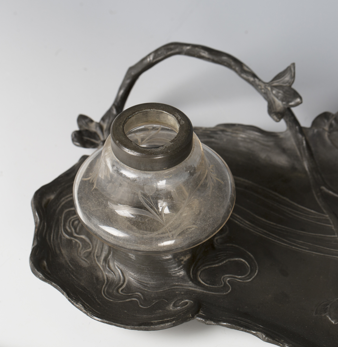 An Art Nouveau Argentor cast pewter inkstand, modelled in the form of a semi-clad maiden seated - Image 2 of 3