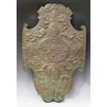 A 19th century brown patinated cast bronze wall plaque of cartouche form, finely detailed with