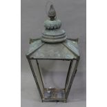 A Victorian patinated copper street lantern with domed top and tapering square body, height 84cm,