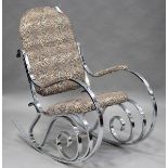 A Maison Jansen Thonet style chromium plated scrollwork rocking chair, the seat, back and armrest