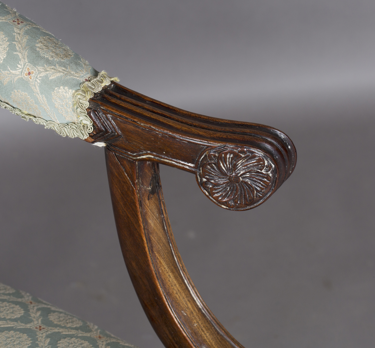 A George III mahogany framed Gainsborough style library armchair, upholstered in pale green - Image 3 of 3