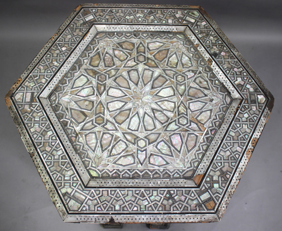 An early 20th century Middle Eastern hardwood and mother-of-pearl hexagonal occasional table, - Image 7 of 7