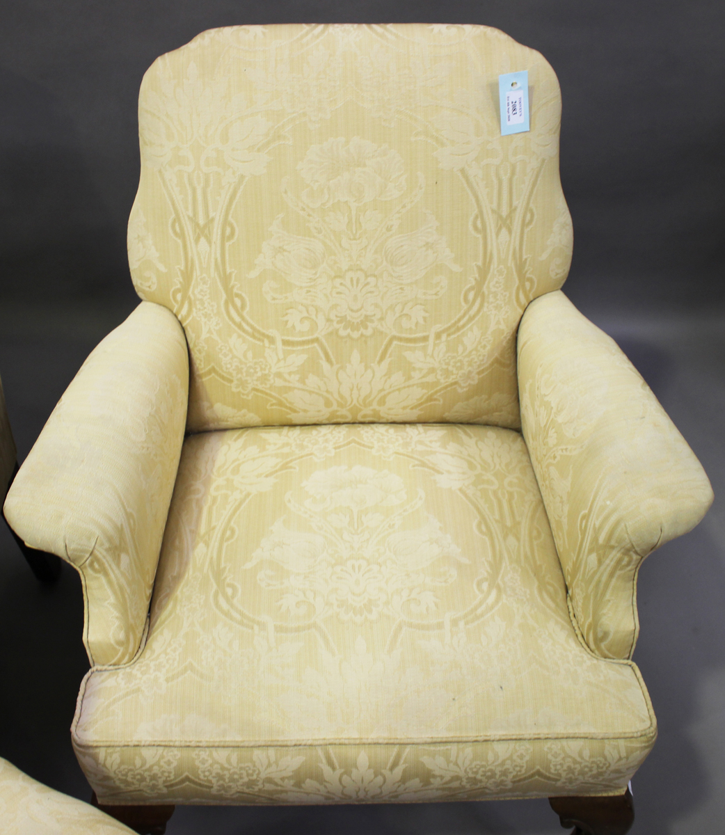 A set of three early 20th century Queen Anne style scroll armchairs, upholstered in patterned yellow - Image 2 of 2