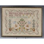 An Edwardian needlework sampler, finely worked in coloured threads with birds and plants,