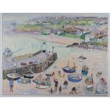 Linda Weir - 'Waving, St Ives Harbour', oil on canvas, signed with initials and dated '05 recto,