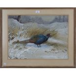 Philip Rickman - Pheasant in a Snowy Landscape, watercolour with gouache, signed and indistinctly
