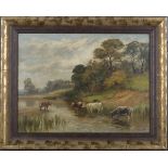 Fred Knowles - 'A Favourite Haunt' (Cattle watering at a River), late 19th/early 20th century oil on