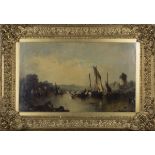 Alfred Montague - River Scene with Figures in Boats, oil on canvas, indistinctly signed and dated