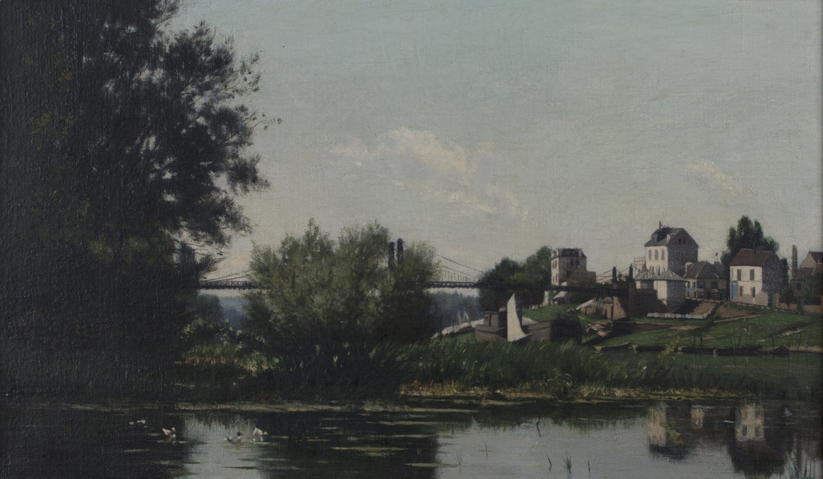Henry Jacques Sauzay - View along a River towards a Suspension Bridge, late 19th/early 20th