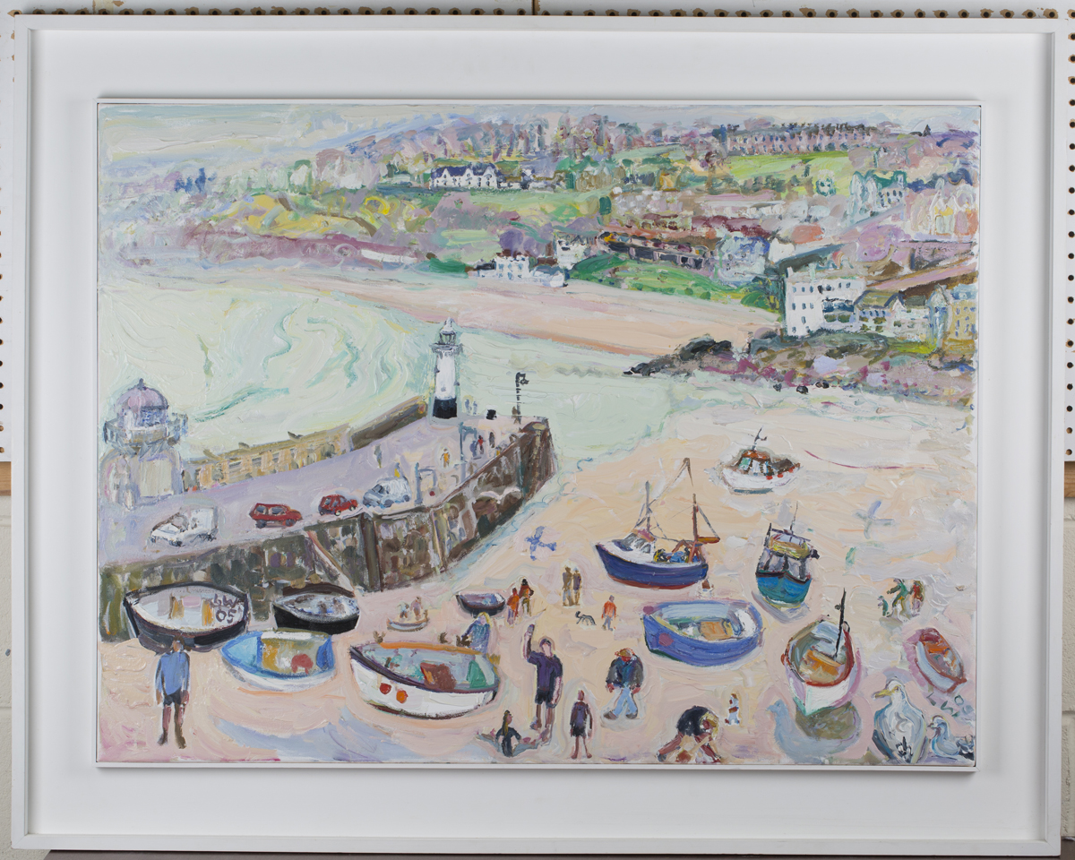 Linda Weir - 'Waving, St Ives Harbour', oil on canvas, signed with initials and dated '05 recto, - Image 6 of 6