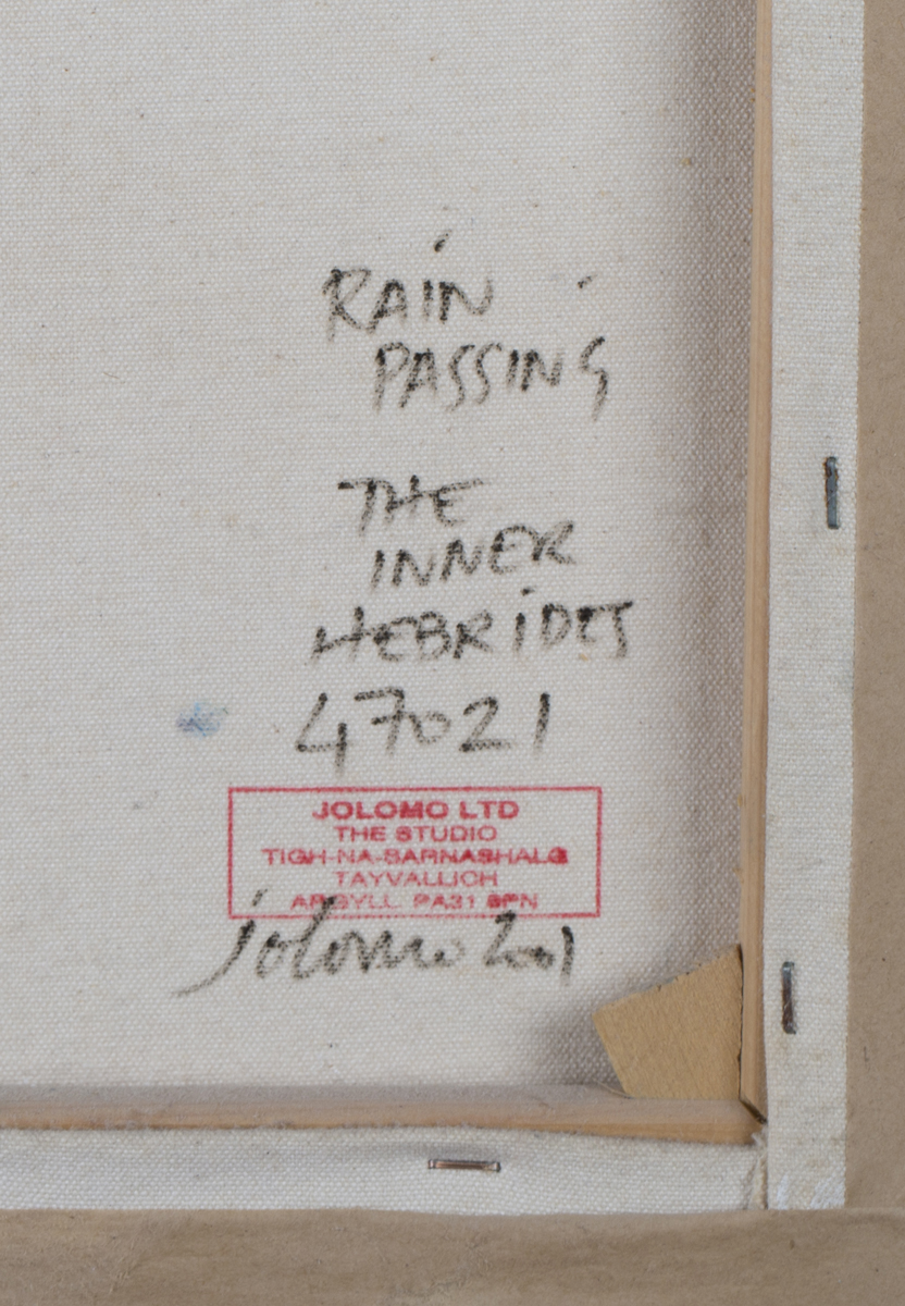 John Lowrie Morrison - 'Rain Passing the Inner Hebrides', oil on canvas, signed 'Jolomo' and dated - Image 4 of 5