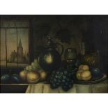 J.V.O., European School - Still Life of a Laden Tabletop beside a Window, 19th century oil on panel,