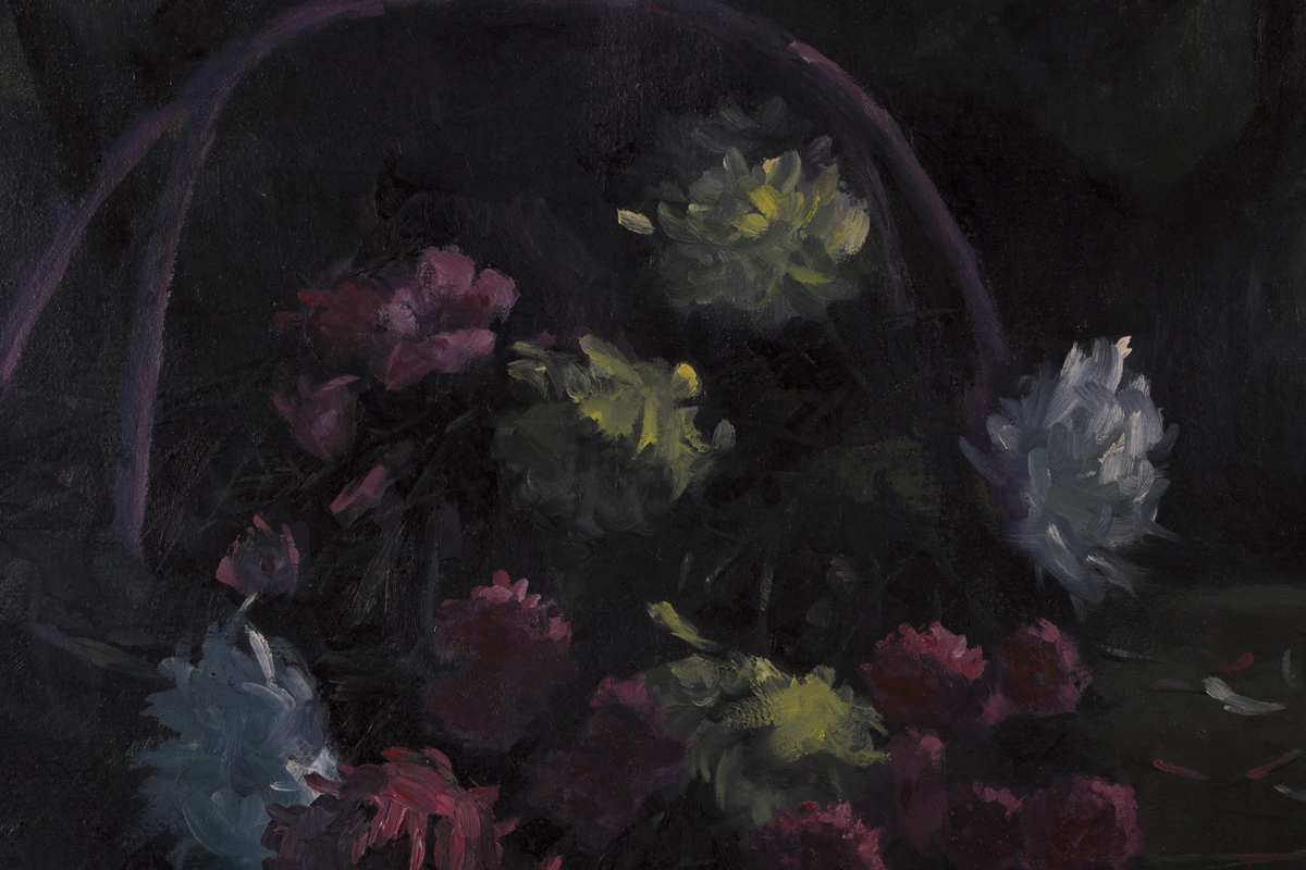 Robert Hou - Still Life with Chrysanthemums in a Basket and Vase, late 20th century oil on canvas, - Image 3 of 5