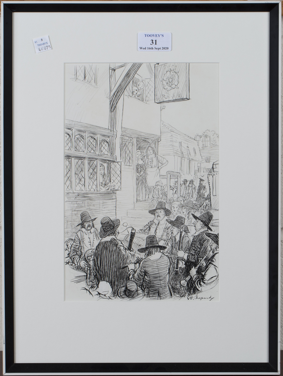 Ernest Howard Shepard - 'The Town Musique (Cambridge)', pen and ink over pencil traces, signed, 27. - Image 4 of 4