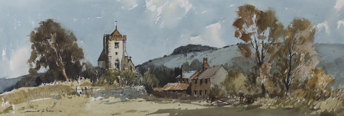 Edward Wesson - View of St Mary's Parish Church, Washington, West Sussex, with Chanctonbury Ring