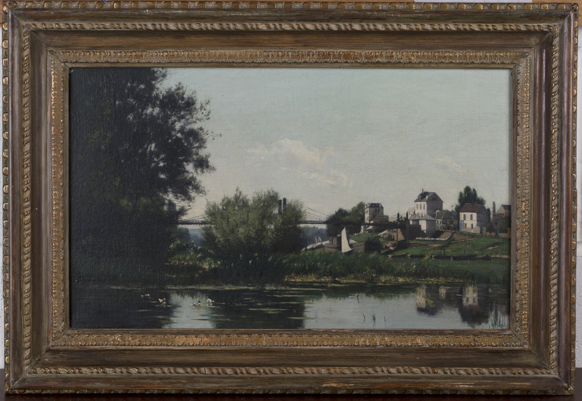 Henry Jacques Sauzay - View along a River towards a Suspension Bridge, late 19th/early 20th - Image 4 of 4