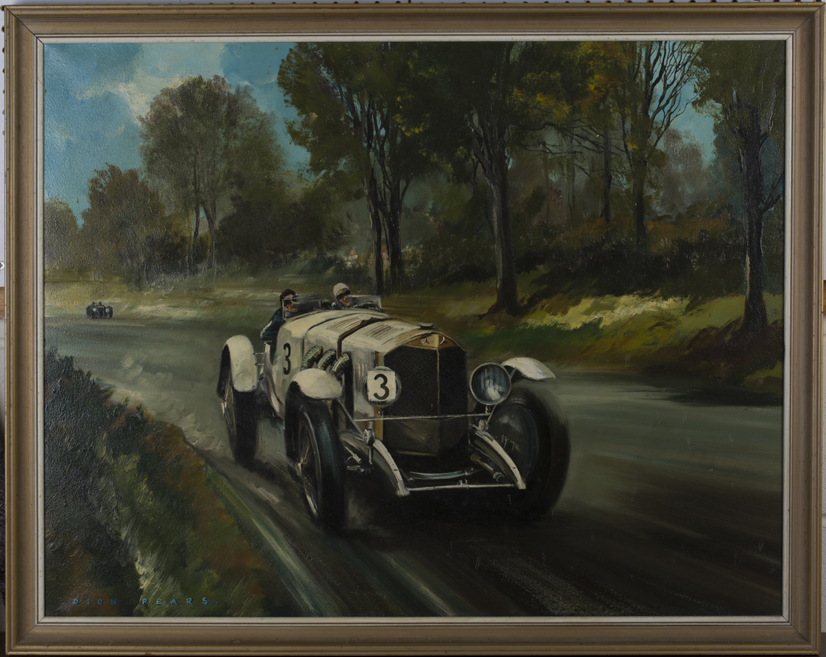 Dion Pears - Early Mercedes Racing Car, mid-20th century oil on canvas, signed, 70cm x 90.5m, within - Image 5 of 5