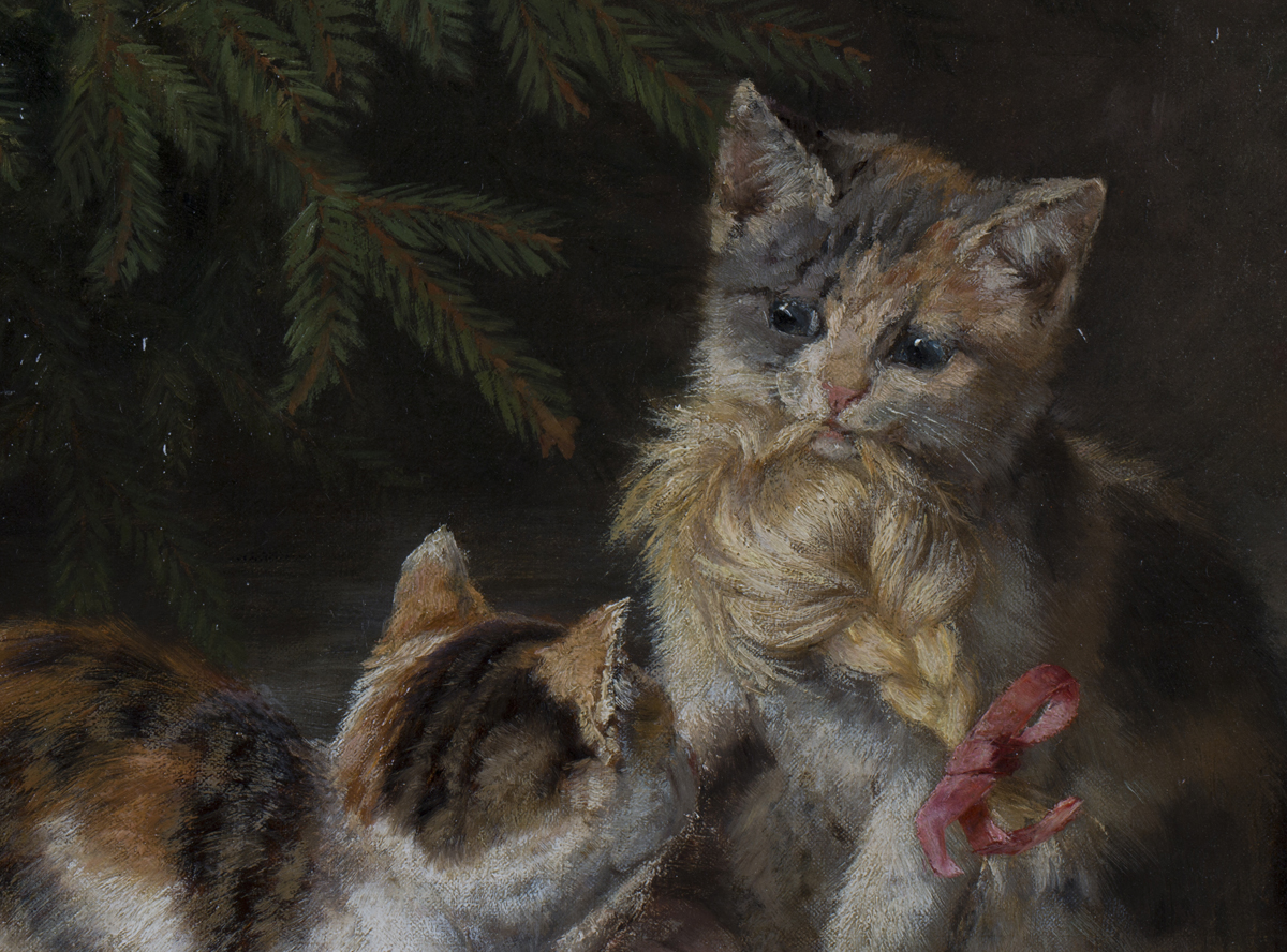 Henriette Ronner-Knip - Two Tortoiseshell Kittens playing with a Doll beneath a Christmas Tree, - Image 2 of 5