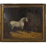 Attributed to John Frederick Herring Junior - Two Horses in a Stable Interior beside Rabbits and