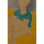 John Emanuel - Figure on a Yellow Sofa, late 20th century watercolour and ink, signed, 53.5cm x 35.