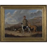 Edmund Bristow - 'A Boy holding Two Coursing Greyhounds', 19th century oil on panel, indistinctly