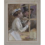 H.F., British School - Maid and Gentleman gazing at each other through a Window, watercolour and