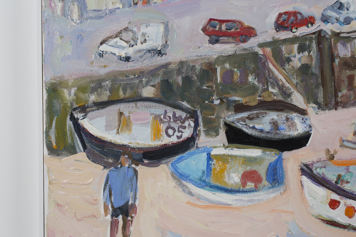 Linda Weir - 'Waving, St Ives Harbour', oil on canvas, signed with initials and dated '05 recto, - Image 5 of 6