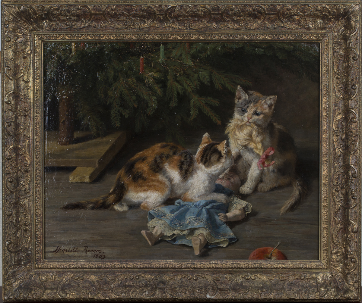 Henriette Ronner-Knip - Two Tortoiseshell Kittens playing with a Doll beneath a Christmas Tree,