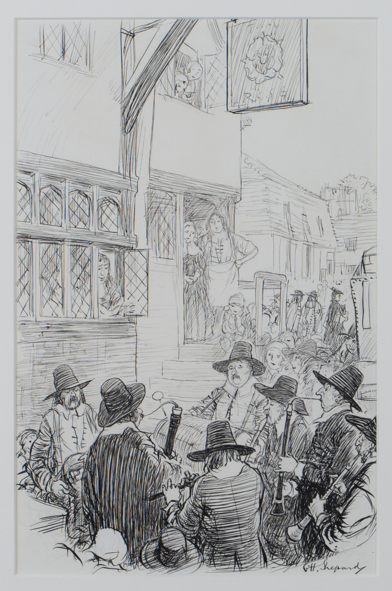 Ernest Howard Shepard - 'The Town Musique (Cambridge)', pen and ink over pencil traces, signed, 27.