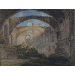 Circle of Anthony van Dyke Copley Fielding - Ruins at Conway, watercolour, inscribed verso, 18.5cm x