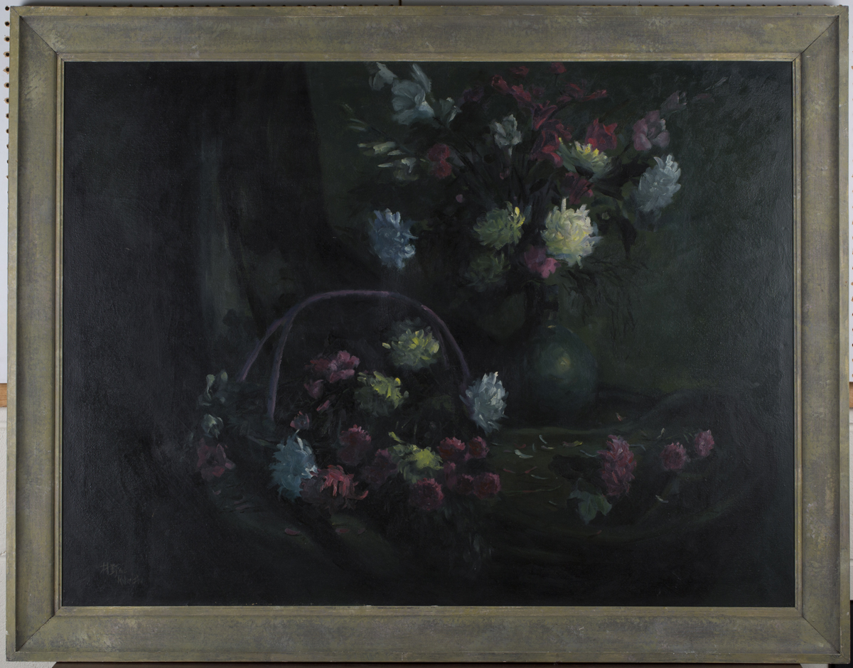 Robert Hou - Still Life with Chrysanthemums in a Basket and Vase, late 20th century oil on canvas, - Image 5 of 5