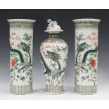 A Chinese famille verte porcelain garniture of three vases, mark of Kangxi but late 19th century,