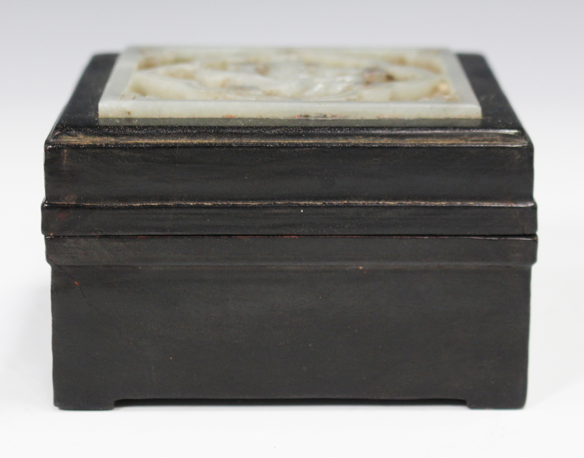 A Chinese pale celadon jade and hardwood box and cover, 20th century, of square form, the cover - Image 4 of 7