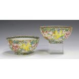 A pair of Chinese famille rose eggshell porcelain bowls, mark of Qianlong but probably Republic